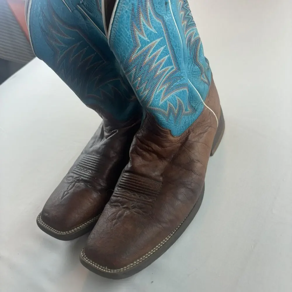 Justin Made in USA Square Toe Western Cowboy Brown Blue Leather Boots 13D Mens